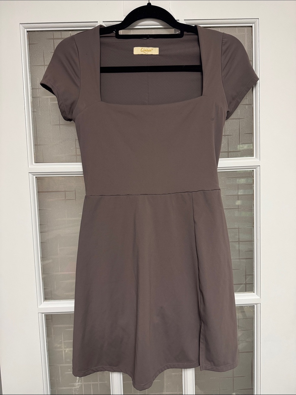 Qinsen Taupe Square-Neck Short Sleeve Mini Dress